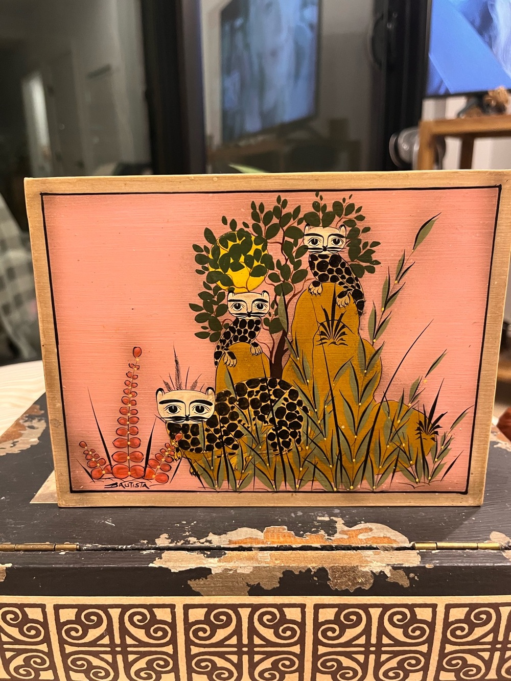 Vintage Bautista Folk Art Mexican Bark Painting of Spotted Leopards
